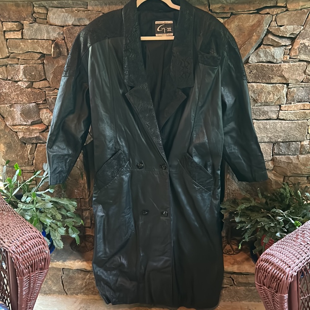 💯 Black Leather Vintage Double Breasted Large Coat;Mid Calf Length; Fully Lined